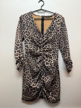 Zara Leopard Print Ruched V-Neck Dress - Brown/Black